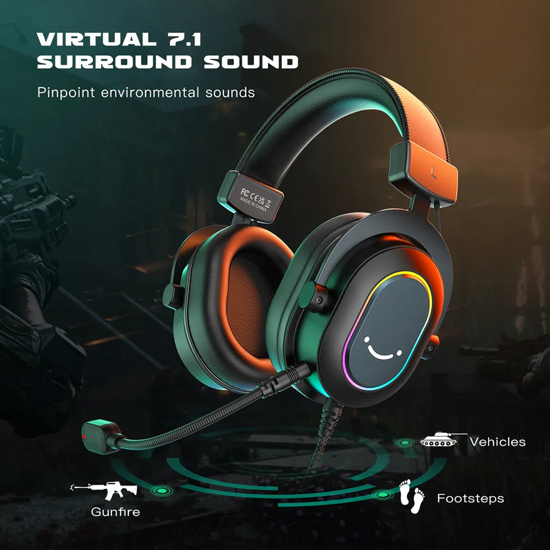 Fifine Dynamic RGB Gaming Headset com microfone Over-Ear Headphones 7.1 Surround Sound PC PS4 PS5 3 Opções de EQ Jogo Filme Música
