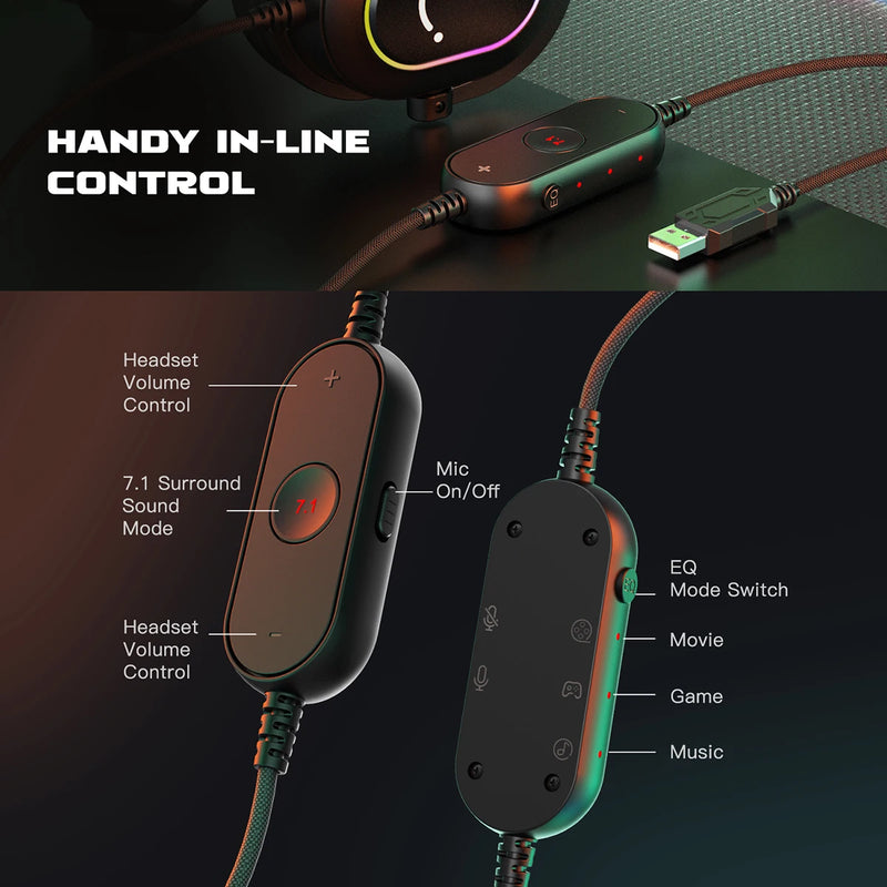 Fifine Dynamic RGB Gaming Headset com microfone Over-Ear Headphones 7.1 Surround Sound PC PS4 PS5 3 Opções de EQ Jogo Filme Música